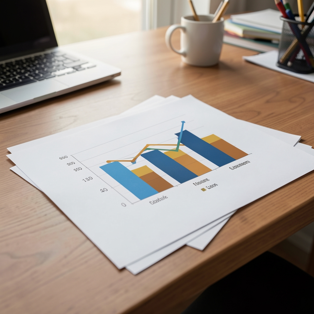Gráficos de barras y líneas sobre estructura de costos impresos en hojas sobre una mesa de trabajo