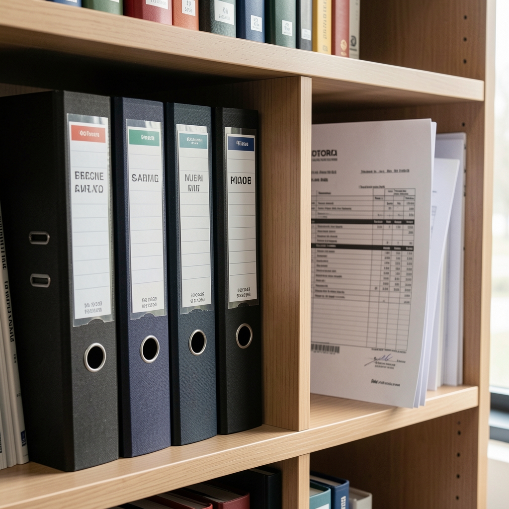 Carpetas de archivo organizadas en un estante junto a documentos de auditoría contable