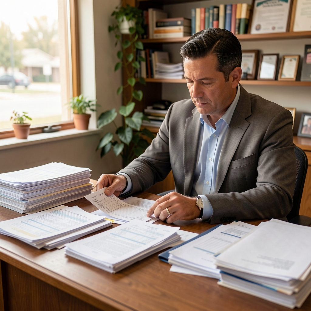 Empresario revisando facturas y comprobantes desordenados sobre el escritorio de su pequeño negocio