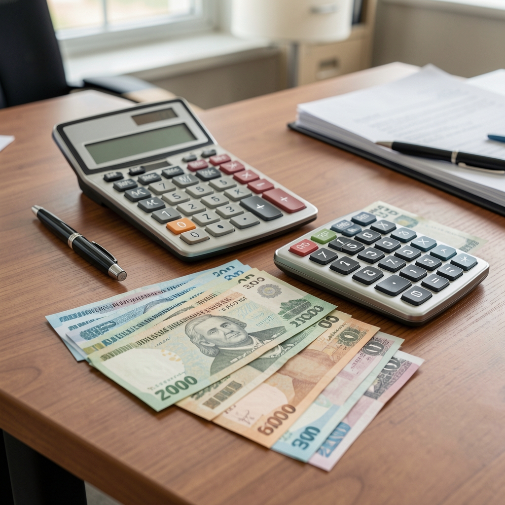 Billetes de pesos argentinos ordenados junto a una calculadora sobre una mesa de oficina