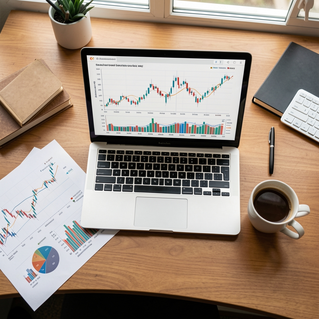 Vista superior de un escritorio con notebook, gráficos financieros impresos y una taza de café