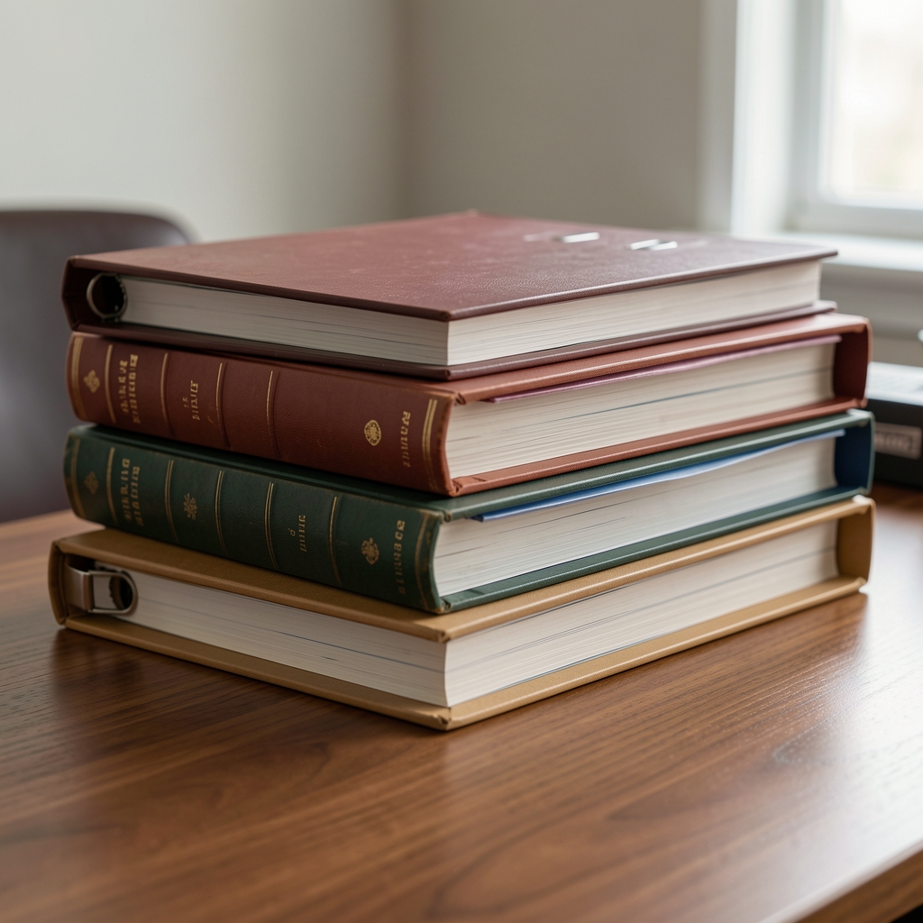 Libros contables y carpetas de archivo apilados sobre un escritorio de madera