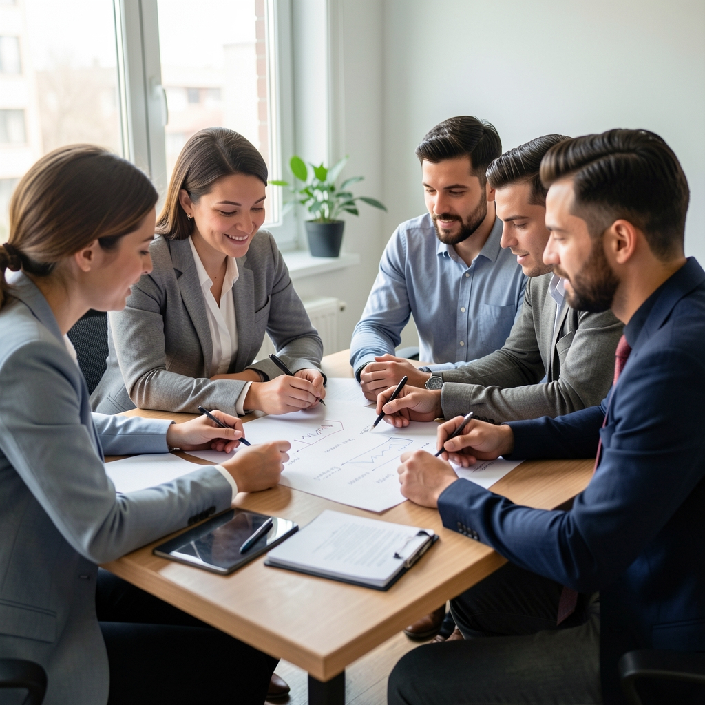 Equipo de una pyme reunido alrededor de una mesa de trabajo revisando un plan de negocio en papel