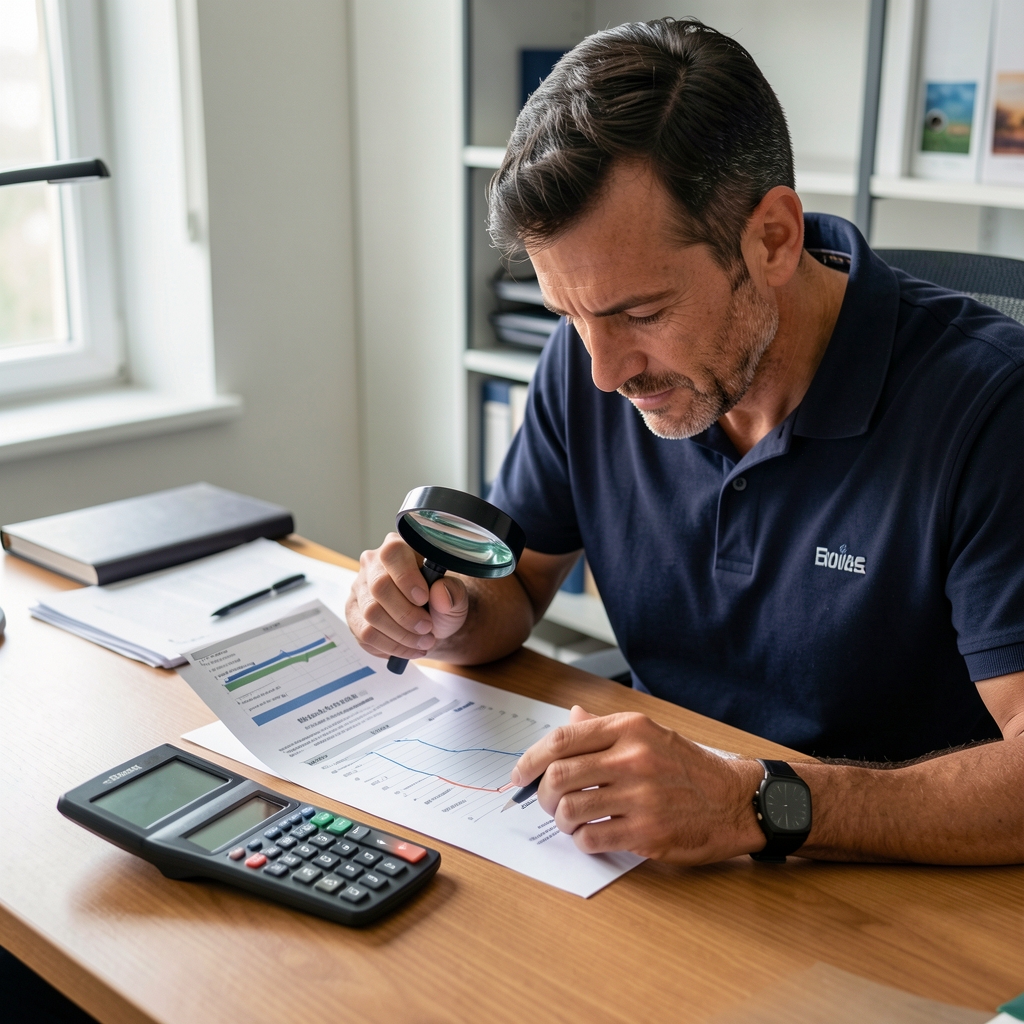 Contador revisando un balance impreso con una lupa y una calculadora sobre el escritorio