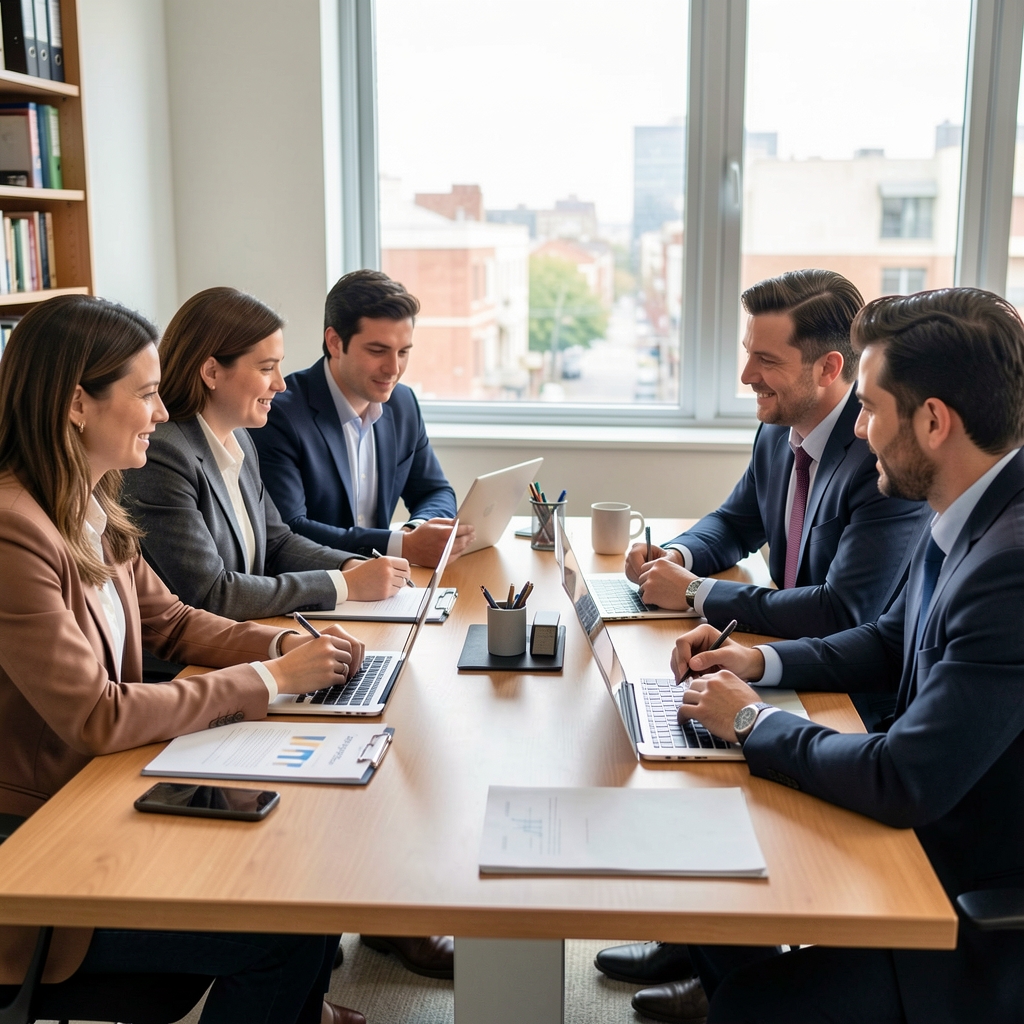 Grupo de colaboradores de una consultora contable trabajando en conjunto alrededor de una mesa con documentos