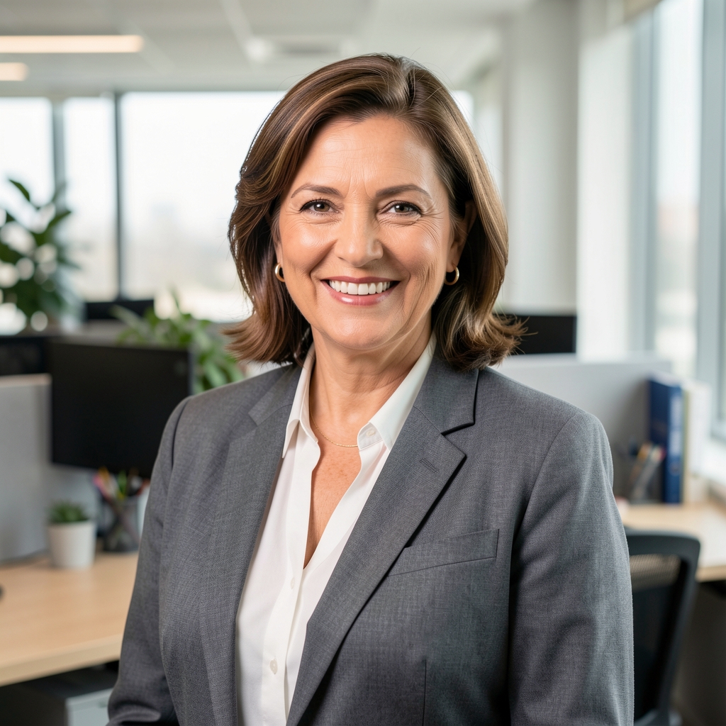 Retrato profesional de una contadora de unos 40 años sonriendo, con blazer gris, en una oficina