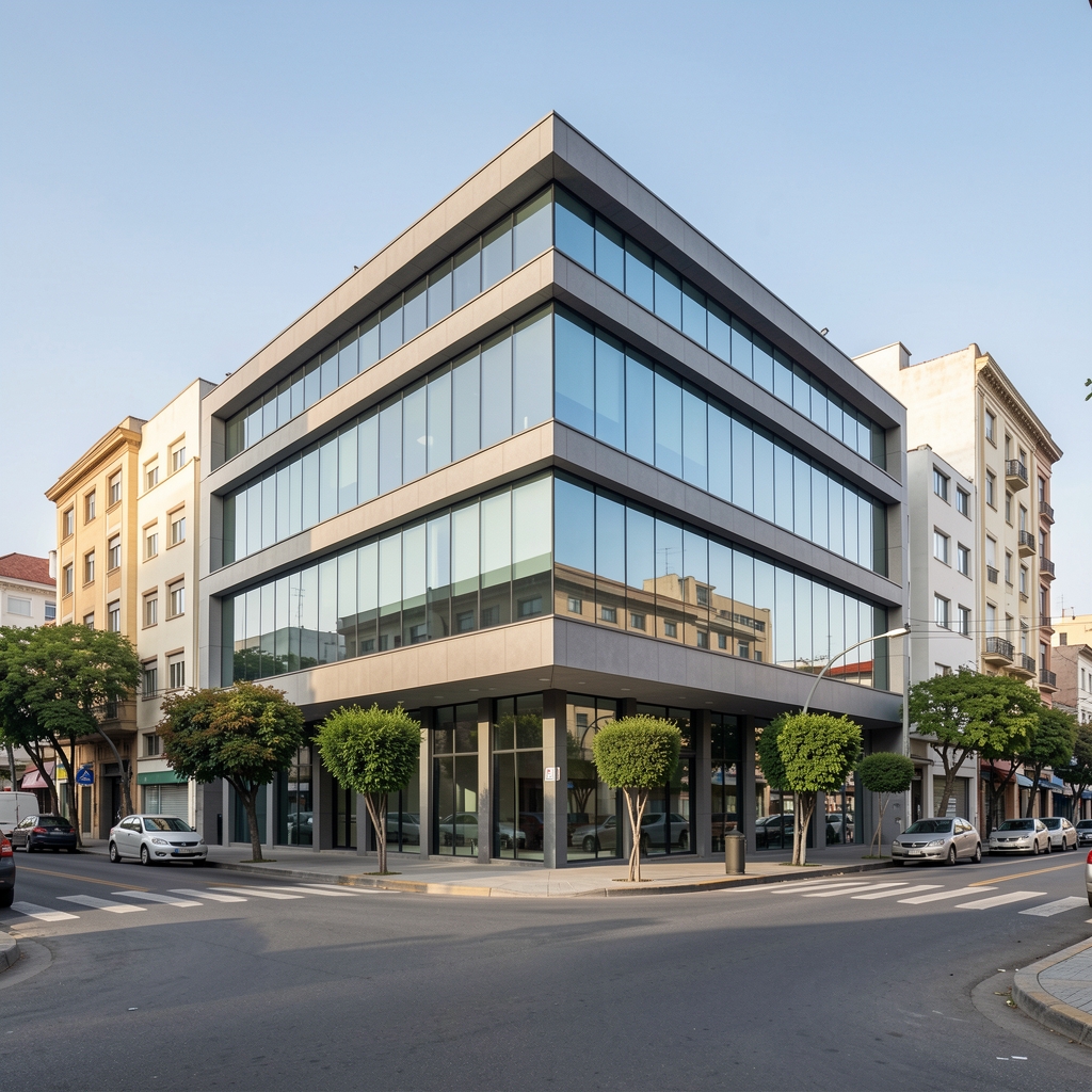 Fachada de un edificio de oficinas de estilo moderno en una calle céntrica de Bahía Blanca, Argentina