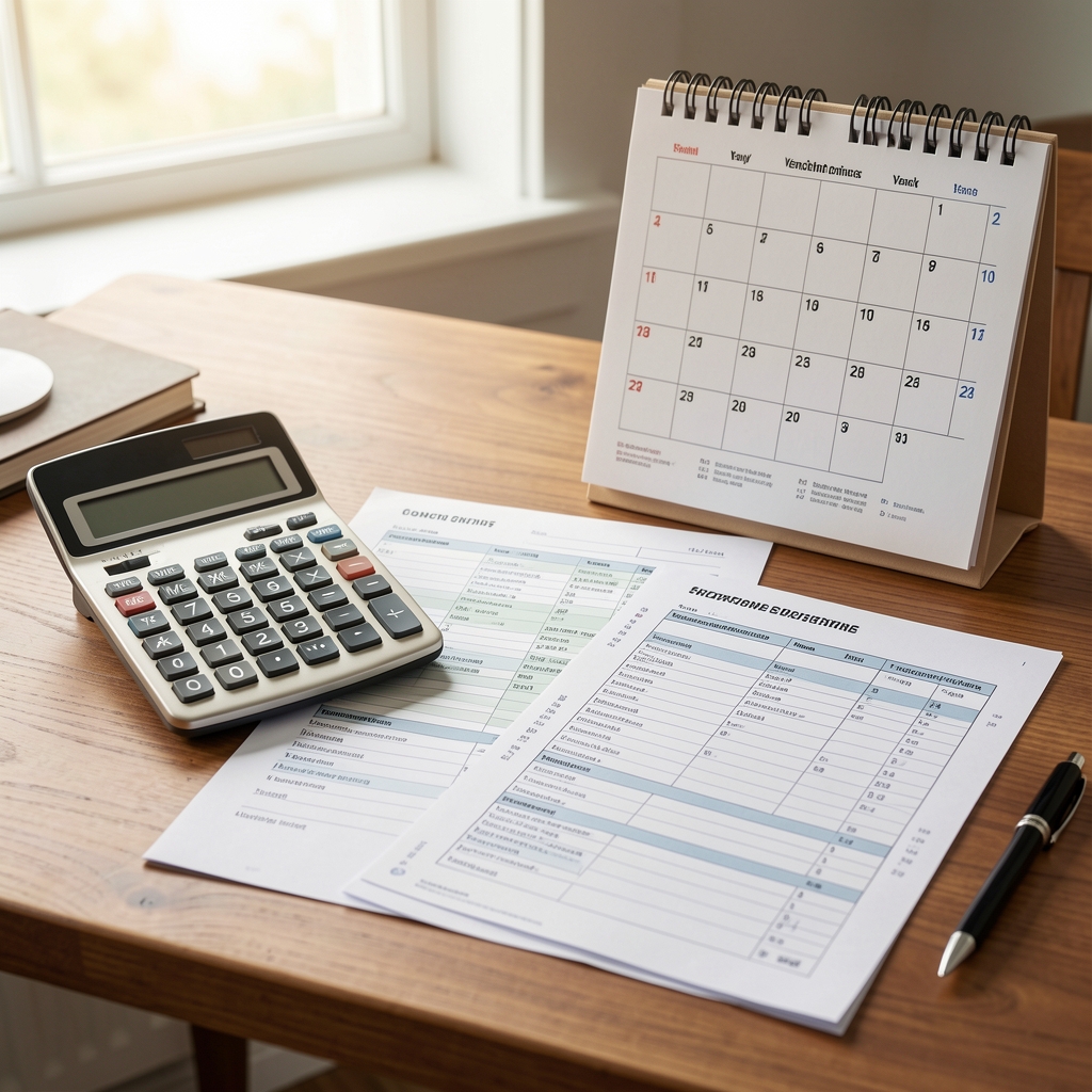 Calculadora y formularios impositivos sobre un escritorio junto a un calendario de vencimientos