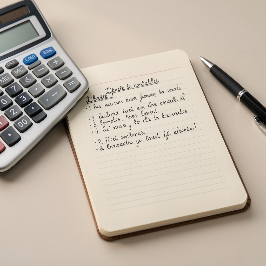 Libreta de notas con definiciones contables escritas a mano junto a una calculadora y una lapicera